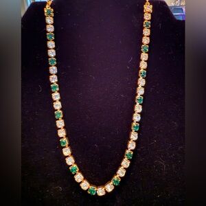 Elegant Gold Necklace with green and clear stones, 17”